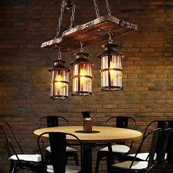 TFCFL Vintage Chandelier Hanging Fixture with 3 Lights Pendant Light Industrial Retro Wood Ceiling Lighting Glass Farmhouse E27/E26 in Blackfor Cabin Kitchen Island Dining Room Bedroom and Foyer