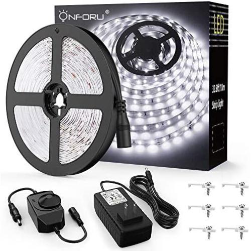 Onforu 32.8ft White LED Strip Light, Dimmable Tape Light, 6000K Daylight Bright White Ribbon Light, 12V Flexible Strip Lighting with 2835 LEDs for Mirror, Under Cabinet, Home, Bedroom, Non-Waterproof