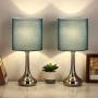 Bedside Table Lamps, Modern Brushed Nickel Nightstand Lamps Desk Lamps with Blue Fabric Shades for Living Room Family Bedroom Bedside Office(Set of 2)