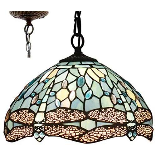 Tiffany Hanging Light W12H32 Inch Sea Blue Stained Glass Pendant lamp 1E26 Crystal Bead Dragonfly Style S147 WERFACTORY Series Lamps Chandelier Ceiling Fixture Kitchen Bar Hallway Dining Room Loft