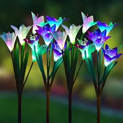 Wohome Outdoor Solar Garden Stake Lights,4 Pack Solar Powered Lights with 16 Lily Flower, Multi-Color Changing LED Solar Landscape Lighting Light for Garden, Patio