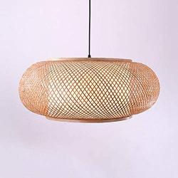 LITFAD Antique Lantern Pendant Lighting Rattan Single Light Weaving Natural Wooden Ceiling Hanging Light Beige Ceiling Fixture with Adjustable Cord for Dining Room Living Room Restaurant - 16''