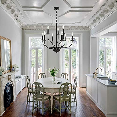 ELUZE Farmhouse Chandelier, 9 Lights Vintage Pendant Lighting ,Black Rustic Chandeliers Candle Ceiling Light Fixture for Living Dining Room Bedroom Kitchen Island Foyer Lighting