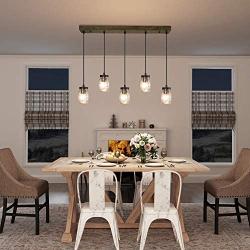 Dining Room Lighting Fixtures Hanging, Mason Jar Lights, 5-Light Pendant Lighting for Kitchen Island with Faux Wood Finish, Brown