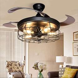 DLLT Ceiling Fan with Lights-42 Inch Industrial Ceiling Fan with Retractable Blades, Vintage Cage Ceiling Lights Fixture with Remote for Kitchen, Dining Room, Living Room, 5 E26 Bulb Not Included, Black