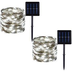 2 Pack 100 LED Solar Powered Copper Wire String Lights Outdoor, Waterproof, 8 Modes Fairy Lights for Garden, Patio, Party, Yard, Christmas (White)