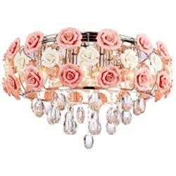 Romantic Ceramic Pink Rose Chandelier, Round Crystal Ceiling Lamp Lighting Fixture for Living Room, Bedroom, Dining Room Decoration, E14 Bulb Not Included