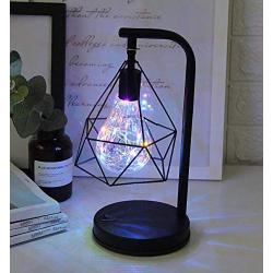 Metal Table Lamp,WONFAST Hollow Diamond Shape Vintage Edison Bulb Copper Wire Reading Lamp Battery Operated BedsideNight Lights for Bedroom Office Wedding Party Christmas Decoration (Multicolor)