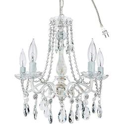 Amalfi Decor 5 Light LED Crystal Beaded Chandelier, Mini Wrought Iron K9 Glass Pendant Light Fixture Vintage Nursery Kids Room Dimmable Plug in Hanging Ceiling Lamp, Whitewashed