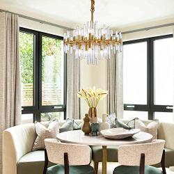 Moooni Modern Luxury Round Crystal Chandeliers Brass Pendant Ceiling Light Fixture for Kitchen Island Dining Room Brass Frame D 24.4”x H23.6”