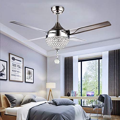 Tropicalfan Crystal Modern Ceiling Fan Remote Control Home Decoration Living Room Dinner Room Simple LED Mute Electric Fans Chandeliers 4 Stainless Steel Blades 44 Inch