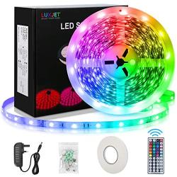 LUXJET 50ft Led Strip Lights Kit RGB 5050 Color Changing LED Strips with 44Key IR Remote and DC24V Adapter Tape Light for Bedroom Kitchen Bar TV Home