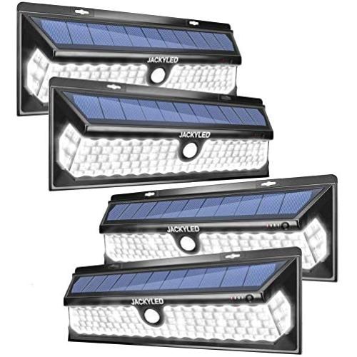 Solar Motion Sensor Lights Outdoor JACKYLED Super Bright 118 LED Porch Lights with Larger Solar Panel Waterproof Wireless Wall Mount Security Lighting for Garden Yard Garage Front Door 4-Pack,