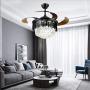 Indoor Low Profile Ceiling Fan Chandelier with LED Light and Remote, 42& Modern Black Crystal Fandelier Hidden Ceiling Fan with Light, Retractable Blade Ceiling Fan for Living Dining Room Bedroom