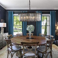 Siljoy Modern Crystal Chandelier, Round 6 Lights Ceiling Hanging Lamp Black Metal Frame Fixture for Dining Room Island Kitchen Dia 21.7''