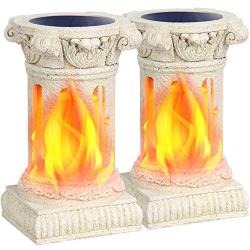 TomCare Solar Lights Outdoor Flickering Flame Solar Lantern Outdoor Decorative Ancient Roman Pillars Resin Waterproof Auto On/Off Outdoor Decoration Lighting for Deck Yard Garden Porch, 2 Pack