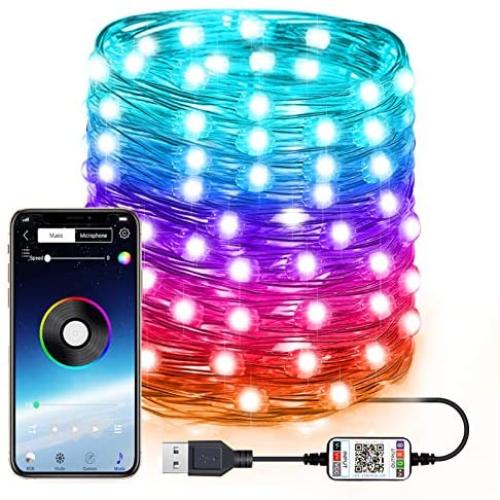 4-FQ Fairy Lights Led String Lights Plug in for Indoor Outdoor Twinkle Lights USB 32.8FT Hanging Curtain String Lights Color Changing Music Sync Bluetooth APP Phone Starry Lights Bedroom(32.8FT/10M)