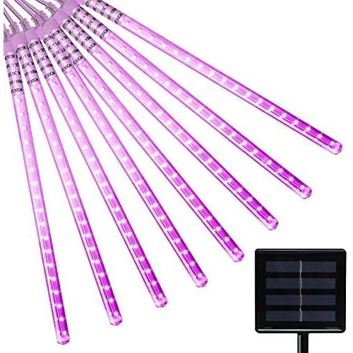 VMANOO LED Outdoor Lights 8 Tube Meteor Shower Rain Lights Solar Powered Icicle Raindrop Snow Falling Lights Cascading Lighting for Garden Outdoor Patio Holiday Party Halloween Decoration Purple