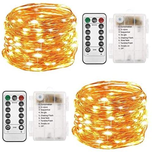 Twinkle Star 2 Set Christmas Fairy Lights Battery Operated, 33ft 100 Led String Lights Remote Control Timer Twinkle String Lights 8 Modes Firefly Lights for Garden Party Indoor Decor, Warm White