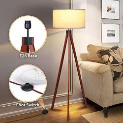 Floor Lamps for Living Room, KINGSO Wood Tripod Floor Lamp, Standing Light Flaxen Lamp Shade with E26 Bulb Base, Floor Lamps for Bedrooms Study Room Office