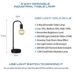 Keymit 3 Way Dimmable Lamps for Bedrooms, G80 8W Globe LED Edison Industrial Bedside Lamp, Nightstand Black Lamps for Living Room, Light Gold LED Filament Bulb Included