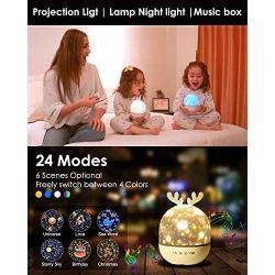 WU-MINGLU Night Light Projector for Kids, 2 in 1 Baby Night Lamp Musicbox with Remote Control, 6 Projector Films 360° Rotation Starry Sky Light Baby Nursery Night Light Birthday for Children