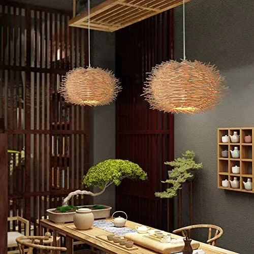 Rattan Pendant Light, Bamboo Shades Creative Bird Nest Wooden Hanging Ceiling Lamp Pendant Light Cover, Chandelier Light for Kitchen Island, Dining Room,Bar, Coffee Shop, Hallway (with no Bulb) (40CM)