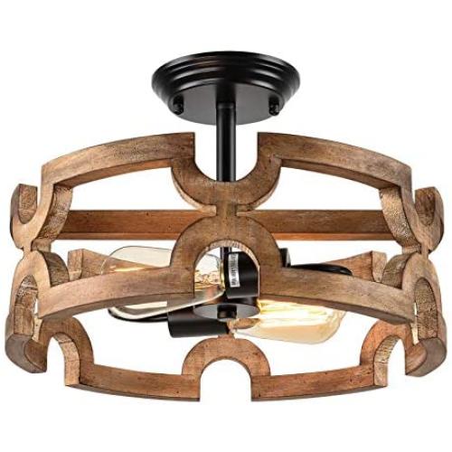 Bribyit 2-Light Farmhouse Wood Drum Chandeliers for Dining Rooms Hand-Painted Antique Dark Finish, Antique Wood and Metal Chandelier Ceiling Pendant Lamp