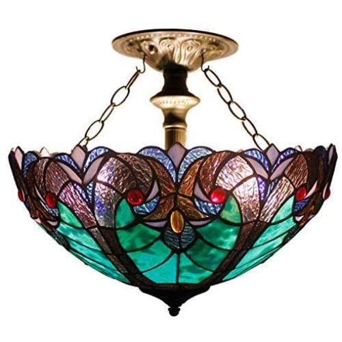 Tiffany Ceiling Fixture Lamp Semi Flush Mount Light W16H15 Inch Green Stained Glass Liaison Shade S160G WERFACTORY Kid Parent Living Room Bedroom Study Kitchen Office Coffee Island Bar Hallway Dining