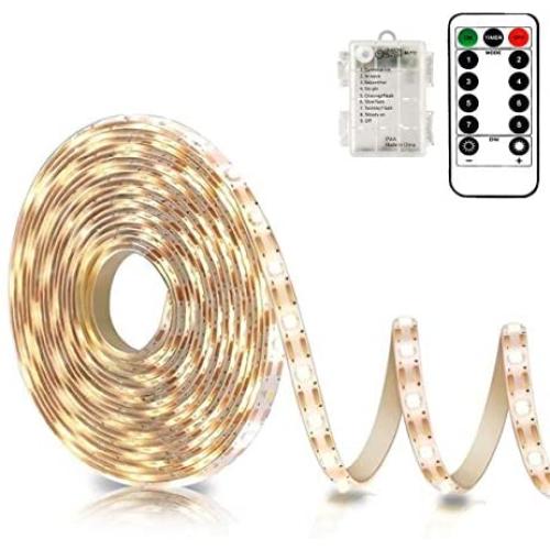 Battery Powered Led Strip Lights with Remote Warm White, 8 Modes, Dimmable, Timer, Self-Adhesive, Cuttable, Waterproof, 9.8FT 90Led Strip Lights for TV Kitchen Cupboard Bedroom Decor