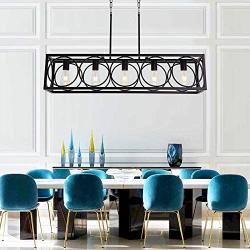 TODOLUZ 5-Lights Metal Kitchen Island Lighting, Farmhouse Linear Pendant Light Fixture in Black Finish for Dining Room Table Bar