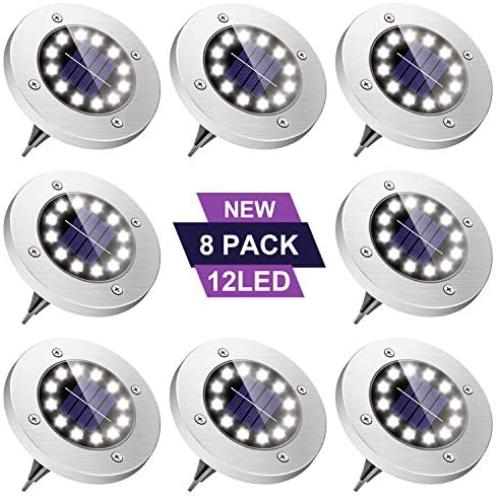 Solar Ground Lights, Upgraded 12 LED Waterproof Solar Disk Lights, In-Ground Solar Lights Outdoor for Patio Pathway Garden Lawn Yard Driveway Deck Walkway (8 Pack White)