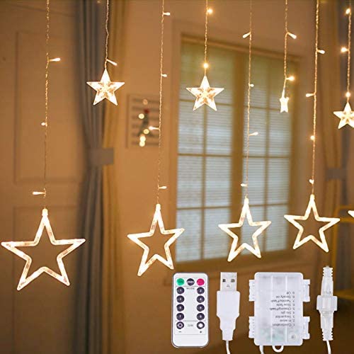 12 Stars 138-LED Lights - Remote Control Star Curtain Fairy Lights with 8 Lighting Modes, Decoration Lights for Bedrooms, Christmas, Weddings, Party (Warm White)