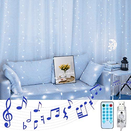 LoveNite Curtain String Lights with Voice Activated, 300 LED Window Music Fairy Lights String USB Powered Remote for Christmas Wedding Party Indoor Outdoor Home Decor (Cool White)