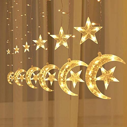 138 LED Moon Star Window Curtain String Lights Fairy Lights 8 Flashing Modes Decoration Remote Control for Christmas Home Holiday Festival Party Wedding Bedroom Indoor Outdoor Decor (Warm White)