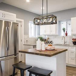 Island Light Fixtures, Rectangular Wood Farmhouse Chandelier for Dining Rooms, 3-Lights Kitchen Island Lighting