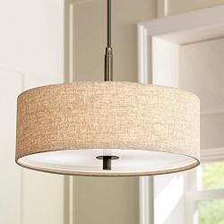 Bronze Drum Pendant Chandelier 16'' Wide Modern Cream Fabric Shade 3-Light Fixture for Dining Room House Foyer Kitchen Island Entryway Bedroom Living Room - Possini Euro Design