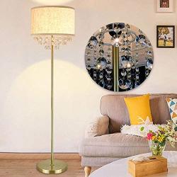 DLLT LED Floor Lamp for Living Room, Crystal Elegant Reading Standing Light for Kids Bedroom, Suit Mid Century, Modern & Farmhouse Rooms, Tall Pole with Fabric Drum Shade, Brass, E26 Warm Light