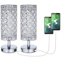 USB Crystal Table Lamp,Tomshine Set of 2 Bedside Lamp with USB Charging Ports, Modern Elegant Nightstand Lamp Desk Lamps,Silver Crystal Lamps for Bedroom Living Room Home Office