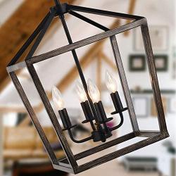 Lantern Oak Wrought Iron 4 Lights, Palacelantern Adjustable Height Pendant Light fixtures Ceiling Hanging with Iron Finish, Farmhouse, Foyer and Entryway, Dining Room, Kitchen