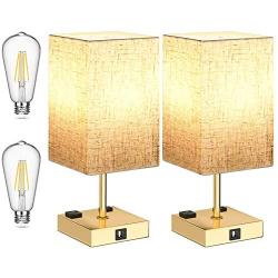 DEEPLITE Touch Control Table Lamp, 3 Way Dimmable Lamps with USB Ports and Outlets, Gold Modern Lamps for Bedrooms Living Room End/Side Table Bedside Nightstand, 6W LED Bulb Included (Set of 2)