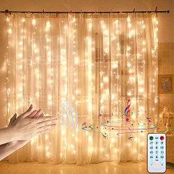 Curtain Lights with Sound Activated,USB Powered 300 LED Fairy Lights with Remote,Sync-to-Music Setting & 8 Mode Hanging Light for Wedding, Bedroom, Party Decorations (Warm)