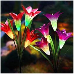 Solar Lights Outdoor - New Upgraded Solar Garden Lights, Multi-Color Changing Lily Solar Flower Lights for Patio,Yard Decoration, Bigger Flower and Wider Solar Panel (2 Pack,Purple and Red)