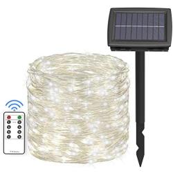 Asmader 66 ft Solar String Lights,200 LEDs Outdoor Fairy Lights Powered by Solar and Battery, 8 Modes RF Remote Waterproof Decor Lights with 3.6V/1500mA Solar Rope Lights for Patio Garden Party White