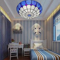 Tiffany Style Mediterranean Ceiling Lamp Flush Mount 16 Inch Stained Glass Ceiling Lights Vintage for Decor Game Living Dining Room Kitchen Study Room Gift,Blue