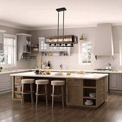 LALUZ Farmhouse Chandelier, 5-Light Kitchen Island Lighting with Clear Glass, Wood and Black Finish, 32 Inches