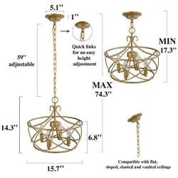KSANA Antique Gold Chandelier, Modern Drum Light Fixture for Dining & Living Room, Bedroom, Foyer and Kitchen