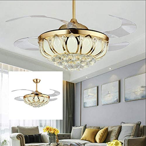 42 Inch Modern Crystal Chandelier Fan with Retractable Blades Golden Ceiling Fan with Light LED and Remote Control Indoor Fan Suitable for Dining Room/Bedroom (Gold)