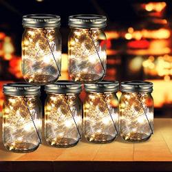 ZOUTOG Mason Jar Solar Lights, 30 LED Hanging Solar Lights Outdoor with Handle, Solar Lantern Lights for Patio/Garden/Yard and Lawn, 6 Pack - Jars & Hangers Included