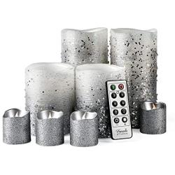 Furora LIGHTING LED Flameless Candles with Remote Control, Set of 8, Real Wax Battery Operated Pillars and Votives LED Candles with Flickering Flame and Timer Featured - Silver Glittery